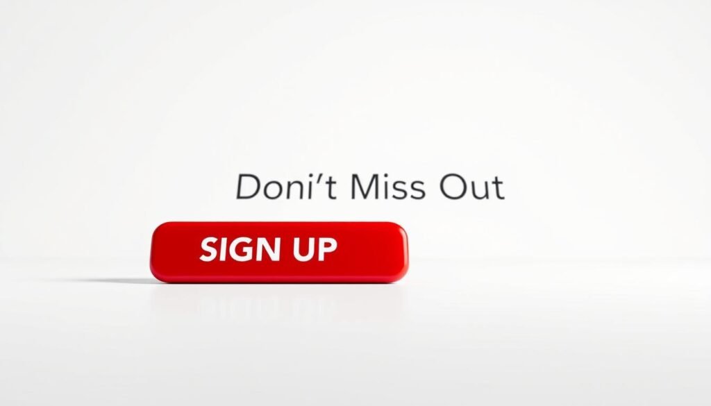 A vibrant, hyper-realistic call-to-action example set against a minimalist white background. In the foreground, a striking red "SIGN UP NOW" button stands out, its surface reflecting the soft lighting. The button's edges are sharp and well-defined, creating a sense of depth and dimensionality. The middle ground features a clean, sans-serif call-to-action text, "Don't Miss Out!", rendered in a bold, attention-grabbing font. The background is a pure, pristine white, creating a sense of focus and clarity on the key elements. The overall composition is sleek, modern, and visually compelling, designed to immediately capture the viewer's attention and encourage immediate action. A vibrant, hyper-realistic call-to-action example set against a minimalist white background. In the foreground, a striking red "SIGN UP NOW" button stands out, its surface reflecting the soft lighting. The button's edges are sharp and well-defined, creating a sense of depth and dimensionality. The middle ground features a clean, sans-serif call-to-action text, "Don't Miss Out!", rendered in a bold, attention-grabbing font. The background is a pure, pristine white, creating a sense of focus and clarity on the key elements. The overall composition is sleek, modern, and visually compelling, designed to immediately capture the viewer's attention and encourage immediate action.