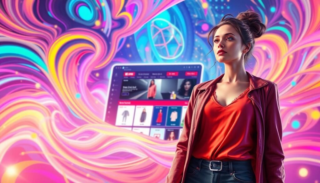 A vibrant, hyper-realistic image of a brand voice's influence in e-commerce. In the foreground, a powerful, confident female figure stands tall, her presence commanding attention. She is surrounded by swirling waves of colorful energy, symbolizing the dynamic and far-reaching impact of her brand voice. In the middle ground, a sleek, modern e-commerce platform takes shape, with products and content flowing seamlessly, guided by the brand's distinctive tone and personality. The background is a kaleidoscope of trending patterns, digital textures, and abstract shapes, creating a visually stunning and immersive environment that reflects the digital landscape where the brand voice thrives. A vibrant, hyper-realistic image of a brand voice's influence in e-commerce. In the foreground, a powerful, confident female figure stands tall, her presence commanding attention. She is surrounded by swirling waves of colorful energy, symbolizing the dynamic and far-reaching impact of her brand voice. In the middle ground, a sleek, modern e-commerce platform takes shape, with products and content flowing seamlessly, guided by the brand's distinctive tone and personality. The background is a kaleidoscope of trending patterns, digital textures, and abstract shapes, creating a visually stunning and immersive environment that reflects the digital landscape where the brand voice thrives.
