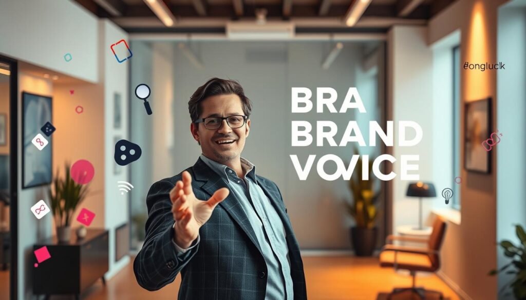 A vibrant, hyper-realistic scene depicting the essence of "brand communication". In the foreground, a confident, well-dressed person gestures expressively, conveying the brand's tone and personality. Surrounding them, abstract shapes and dynamic typography dance across the frame, symbolizing the flexible, multi-faceted nature of effective brand voice. The background features a sleek, minimalist office environment, bathed in warm, directional lighting that emphasizes the professionalism and sophistication of the brand. Subtle visual cues, such as strategically placed brand logos or color schemes, provide a cohesive, immersive experience that captures the nuances of developing a flexible tone of voice for an e-commerce brand. A vibrant, hyper-realistic scene depicting the essence of "brand communication". In the foreground, a confident, well-dressed person gestures expressively, conveying the brand's tone and personality. Surrounding them, abstract shapes and dynamic typography dance across the frame, symbolizing the flexible, multi-faceted nature of effective brand voice. The background features a sleek, minimalist office environment, bathed in warm, directional lighting that emphasizes the professionalism and sophistication of the brand. Subtle visual cues, such as strategically placed brand logos or color schemes, provide a cohesive, immersive experience that captures the nuances of developing a flexible tone of voice for an e-commerce brand.