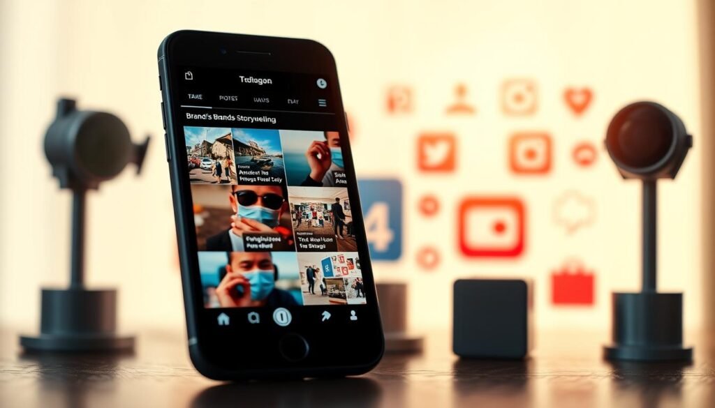A vibrant social media feed showcasing a brand's storytelling. In the foreground, a smartphone displays a series of visually engaging posts, each with a distinct narrative and cohesive aesthetic. The middle ground features various social media platforms and icons, hinting at the diverse channels for content distribution. The background is a softly blurred, minimalist environment, allowing the digital elements to take center stage. Lighting is natural and warm, creating a sense of authenticity and approachability. The overall composition emphasizes the power of crafting a compelling brand story across multiple social media platforms, captivating the audience with a hyper-realistic and visually striking presentation. A vibrant social media feed showcasing a brand's storytelling. In the foreground, a smartphone displays a series of visually engaging posts, each with a distinct narrative and cohesive aesthetic. The middle ground features various social media platforms and icons, hinting at the diverse channels for content distribution. The background is a softly blurred, minimalist environment, allowing the digital elements to take center stage. Lighting is natural and warm, creating a sense of authenticity and approachability. The overall composition emphasizes the power of crafting a compelling brand story across multiple social media platforms, captivating the audience with a hyper-realistic and visually striking presentation.