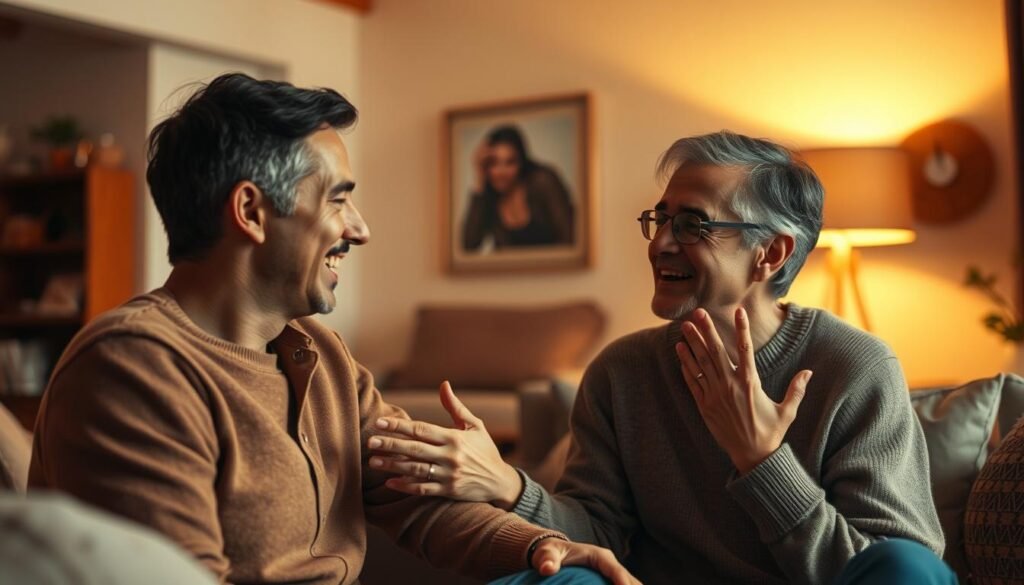 A warm, inviting scene of two individuals engaged in an emotional exchange, their faces and body language conveying a deep, genuine connection. The foreground features the pair, their expressions and gestures evoking a sense of intimacy and understanding. The middle ground showcases a cozy, well-appointed living space, with muted, earthy tones and soft, diffused lighting creating a soothing, immersive atmosphere. The background subtly incorporates elements of a brand's visual identity, seamlessly woven into the environment, underscoring the narrative and emotional resonance. The overall composition is hyper-realistic, drawing the viewer into the scene and fostering a visceral, empathetic response. A warm, inviting scene of two individuals engaged in an emotional exchange, their faces and body language conveying a deep, genuine connection. The foreground features the pair, their expressions and gestures evoking a sense of intimacy and understanding. The middle ground showcases a cozy, well-appointed living space, with muted, earthy tones and soft, diffused lighting creating a soothing, immersive atmosphere. The background subtly incorporates elements of a brand's visual identity, seamlessly woven into the environment, underscoring the narrative and emotional resonance. The overall composition is hyper-realistic, drawing the viewer into the scene and fostering a visceral, empathetic response.