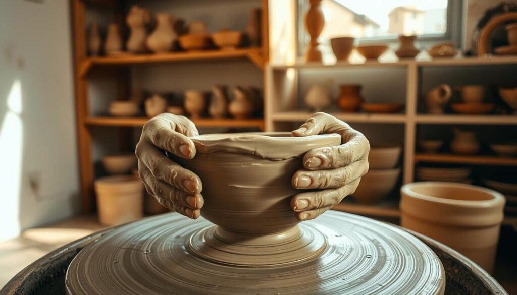 A warm, natural-lit scene of a person's hands carefully crafting a handmade ceramic bowl on a potter's wheel. The hands are caked in clay, focused and purposeful in their movements. The bowl takes shape, the curves and textures forming organically. In the background, shelves filled with various pottery pieces, each bearing the unique marks of their maker. The atmosphere is serene, with soft shadows and gentle highlights accentuating the authenticity of the process. A sense of skilled craftsmanship and attention to detail pervades the image, conveying the heart and soul poured into every creation. A warm, natural-lit scene of a person's hands carefully crafting a handmade ceramic bowl on a potter's wheel. The hands are caked in clay, focused and purposeful in their movements. The bowl takes shape, the curves and textures forming organically. In the background, shelves filled with various pottery pieces, each bearing the unique marks of their maker. The atmosphere is serene, with soft shadows and gentle highlights accentuating the authenticity of the process. A sense of skilled craftsmanship and attention to detail pervades the image, conveying the heart and soul poured into every creation.