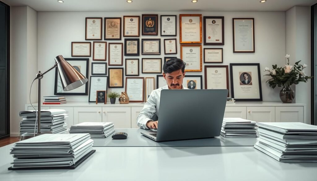 A well-lit, high-resolution image of a professional working at a sleek, modern desk. In the foreground, the subject's hands are typing intently on a laptop, surrounded by neatly organized stacks of reference materials and a stylish desk lamp. The middle ground features an array of certificates, awards, and framed diplomas displayed prominently on the wall behind the desk, conveying a sense of expertise and accomplishment. The background showcases a minimalist, yet elegant office setting with large windows allowing natural light to flood the space, creating a warm, inviting atmosphere. The overall scene exudes an air of competence, authority, and credibility. A well-lit, high-resolution image of a professional working at a sleek, modern desk. In the foreground, the subject's hands are typing intently on a laptop, surrounded by neatly organized stacks of reference materials and a stylish desk lamp. The middle ground features an array of certificates, awards, and framed diplomas displayed prominently on the wall behind the desk, conveying a sense of expertise and accomplishment. The background showcases a minimalist, yet elegant office setting with large windows allowing natural light to flood the space, creating a warm, inviting atmosphere. The overall scene exudes an air of competence, authority, and credibility.