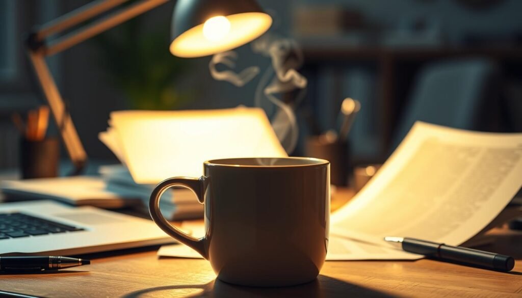 A well-lit office space, the warm glow of a desk lamp illuminating a workspace filled with the tools of the copywriting trade. A laptop, a stack of paper, a pen poised to capture the perfect turn of phrase. In the foreground, a mug of steaming coffee, the aroma wafting through the air. The background is softly blurred, drawing the eye to the intricately crafted, hyper-realistic details of the scene. The mood is one of focused concentration, a sense of the care and attention that goes into revising and polishing the written word, transforming it into copy that truly sells.
