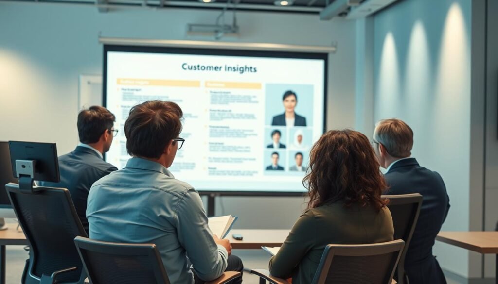A well-lit, photorealistic scene of a professional copywriting audience analysis. In the foreground, a group of diverse individuals - marketers, entrepreneurs, and writers - intently studying a large presentation screen displaying detailed customer insights and personas. Midground features ergonomic office furniture and a minimalist, modern interior design. Soft, directional lighting illuminates the space, creating a sense of focus and professionalism. The background is blurred, hinting at a larger corporate environment. The overall mood is one of collaborative analysis, strategic planning, and creative inspiration.