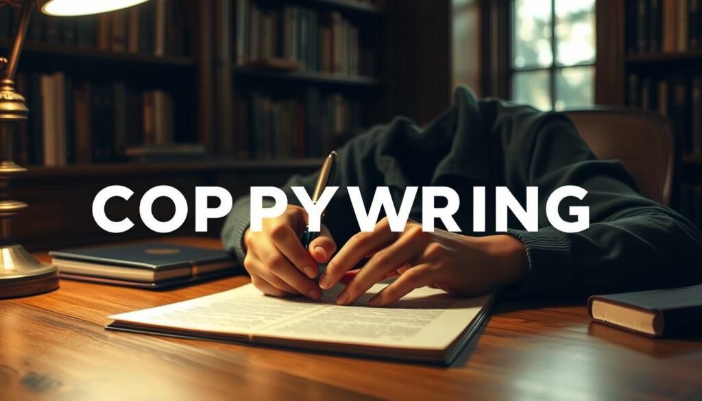 A writer sits at a cozy wooden desk, illuminated by soft, warm lighting. Their hands gracefully guide a fountain pen, weaving a captivating narrative on the pristine page before them. In the background, bookshelves filled with classic volumes hint at the rich tapestry of stories that inspire their craft. The scene exudes a sense of thoughtful contemplation, as the writer's gaze reflects the depth and nuance of their storytelling process. The image conveys the power of storytelling in copywriting, where words become the brushstrokes that paint a vivid picture and forge an authentic connection with the reader. A writer sits at a cozy wooden desk, illuminated by soft, warm lighting. Their hands gracefully guide a fountain pen, weaving a captivating narrative on the pristine page before them. In the background, bookshelves filled with classic volumes hint at the rich tapestry of stories that inspire their craft. The scene exudes a sense of thoughtful contemplation, as the writer's gaze reflects the depth and nuance of their storytelling process. The image conveys the power of storytelling in copywriting, where words become the brushstrokes that paint a vivid picture and forge an authentic connection with the reader.