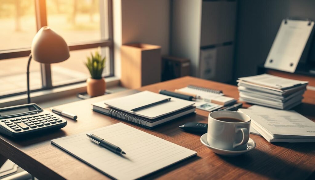 a high-quality, hyper-realistic image of a well-organized desk with various office supplies and stationery items, including a notepad, a pen, a calculator, a stack of papers, and a cup of coffee. The lighting is soft and warm, creating a cozy and professional atmosphere. The desk is placed in a modern, minimalist office setting with a large window in the background, allowing natural light to filter in. The overall scene conveys a sense of productivity, trust, and attention to detail, reflecting the theme of "Building Trust with Social Proof" in the article on "The Difference Between Good Copy and Copy That Sells."