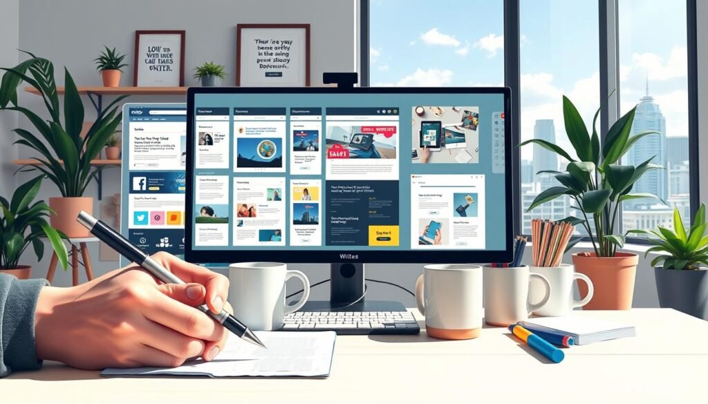 a highly detailed, hyper-realistic digital art illustration of a copywriter's workspace, with a computer screen displaying various digital marketing platforms and web pages, showcasing different styles of copywriting for different online channels. The foreground features a hand holding a pen, writing on a notepad, with coffee mugs, highlighters, and other writing implements scattered across the desk. The middle ground shows carefully curated layouts and visuals for social media posts, email newsletters, and website landing pages, demonstrating the strategic application of persuasive copywriting techniques. The background depicts a cozy, minimalist office setting, with potted plants, framed inspirational quotes, and a large window overlooking a bustling city skyline, creating a productive and creative atmosphere.