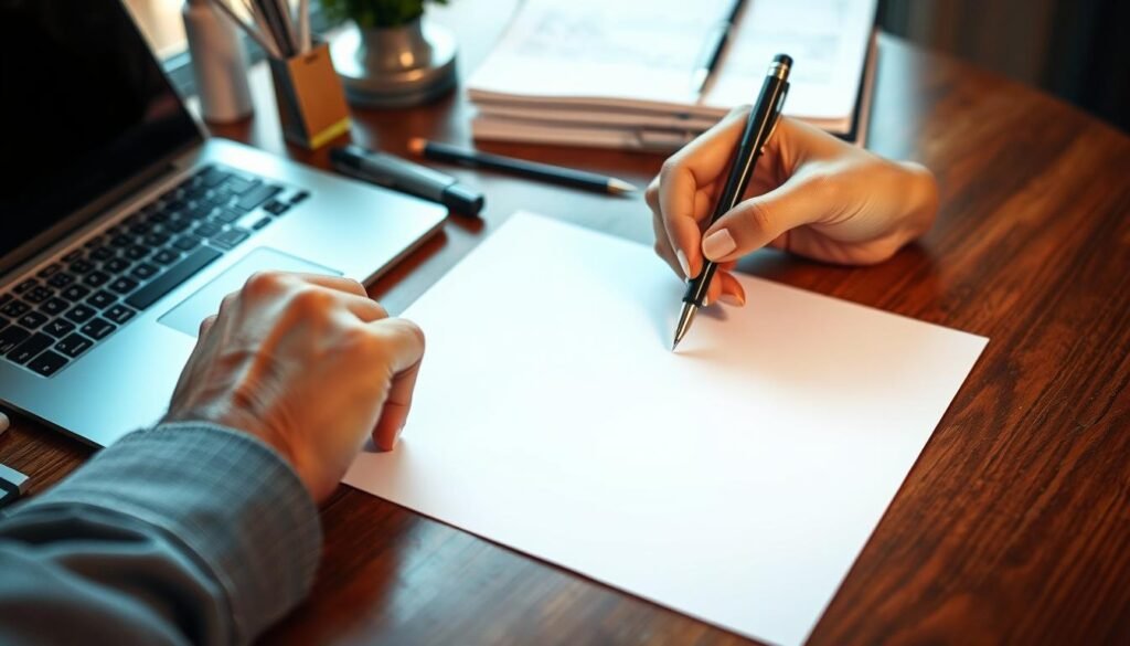 a hyper-realistic image of a person's hand holding a pen, intently focused on a blank sheet of paper, with a laptop and various office supplies in the background. The lighting is warm and natural, casting subtle shadows across the scene. The composition emphasizes the act of writing, with the pen poised and ready to capture engaging introductions that will capture the reader's attention and drive conversion.
